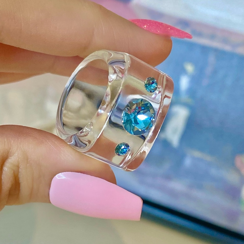 Women’s Blue Swarovski Crystal Lucite Cube Shape Ring, Chunky Statement Rings